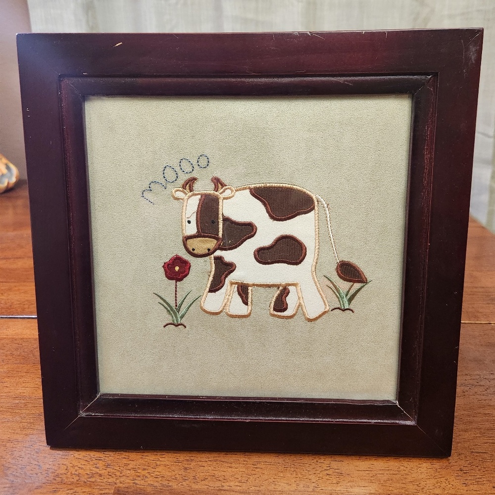 Country Farm House Framed  Wall Art Fabric Embroidered  Cow